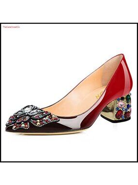 Pointed Toe Bow Pumps Rhinestone Block Low Heel Slip On Party Dance Shoes